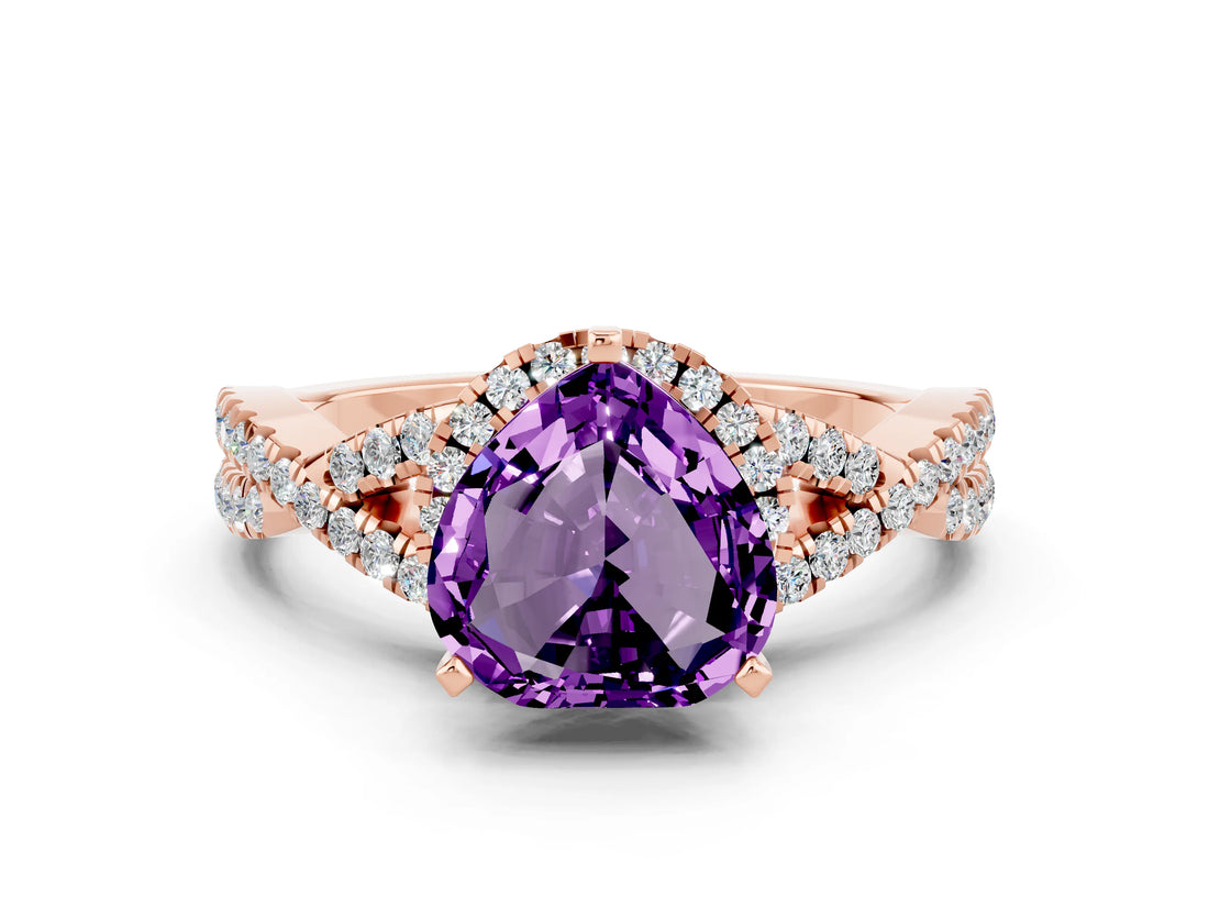 Rose gold Heart Cut Amethyst Halo Twist Band Solitaire Prong Setting Ring