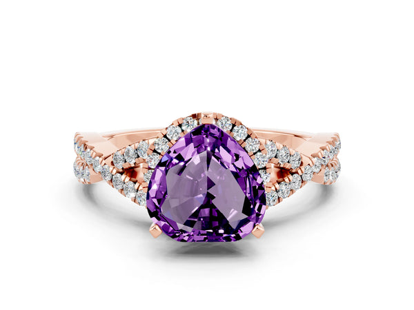 Rose gold Heart Cut Amethyst  Halo Twist Band Solitaire Prong Setting Ring