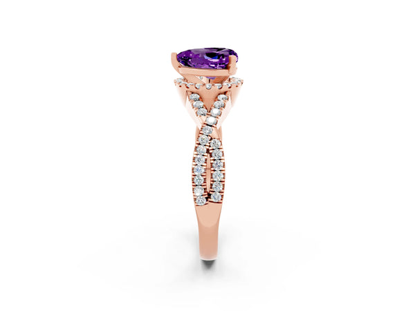 Rose gold Heart Cut Amethyst  Halo Twist Band Solitaire Prong Setting Ring