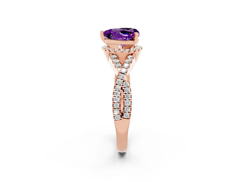 Rose gold Heart Cut Amethyst Halo Twist Band Solitaire Prong Setting Ring_2