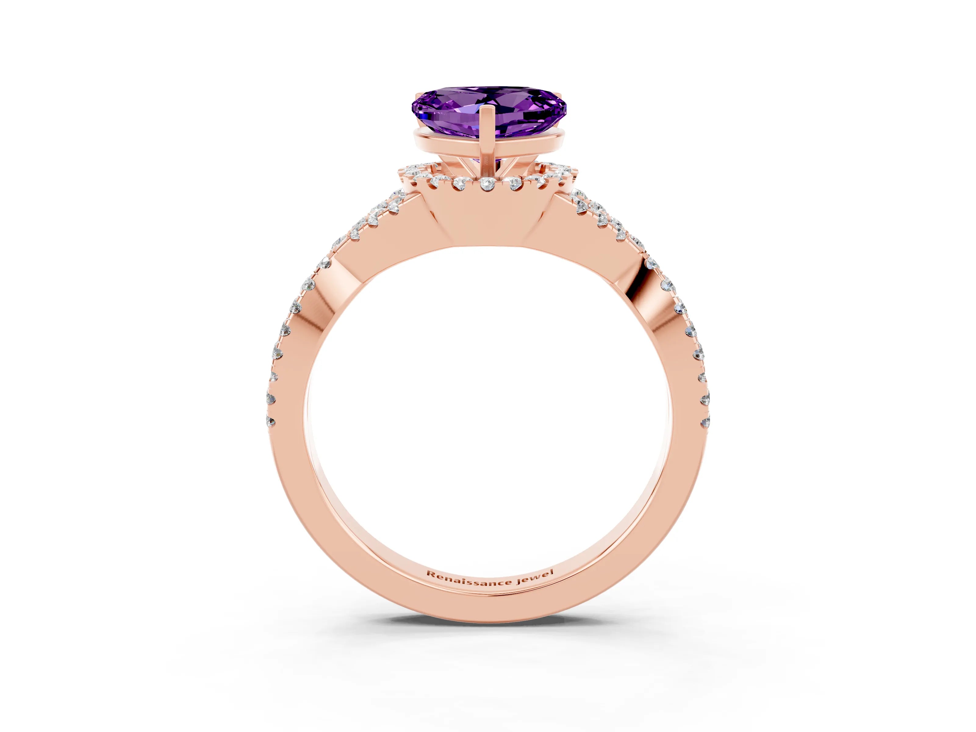 Rose gold Heart Cut Amethyst Halo Twist Band Solitaire Prong Setting Ring_3