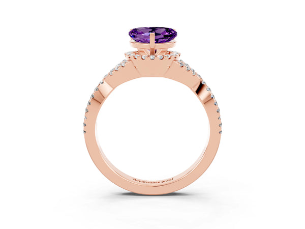Rose gold Heart Cut Amethyst  Halo Twist Band Solitaire Prong Setting Ring