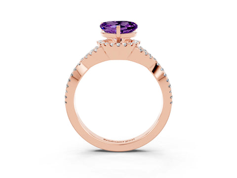 Rose gold Heart Cut Amethyst Halo Twist Band Solitaire Prong Setting Ring_3