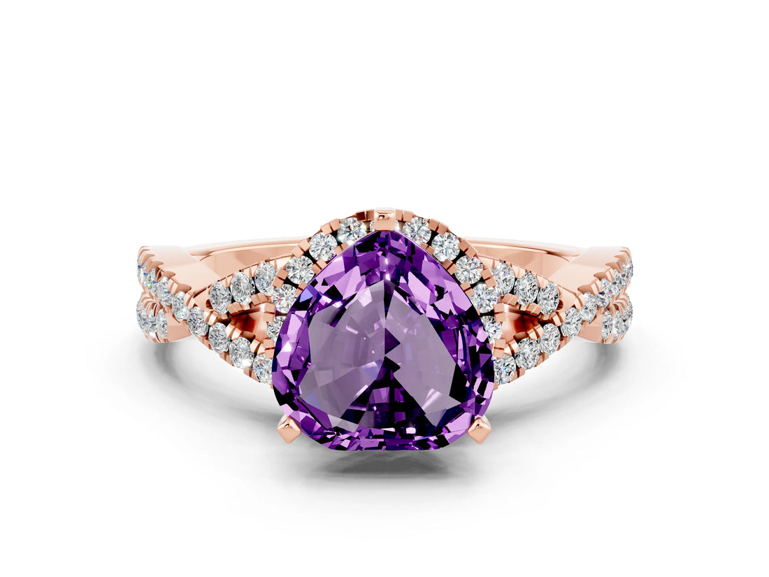 Rose gold Heart Cut Amethyst  Halo Twist Band Solitaire Prong Setting Ring_42