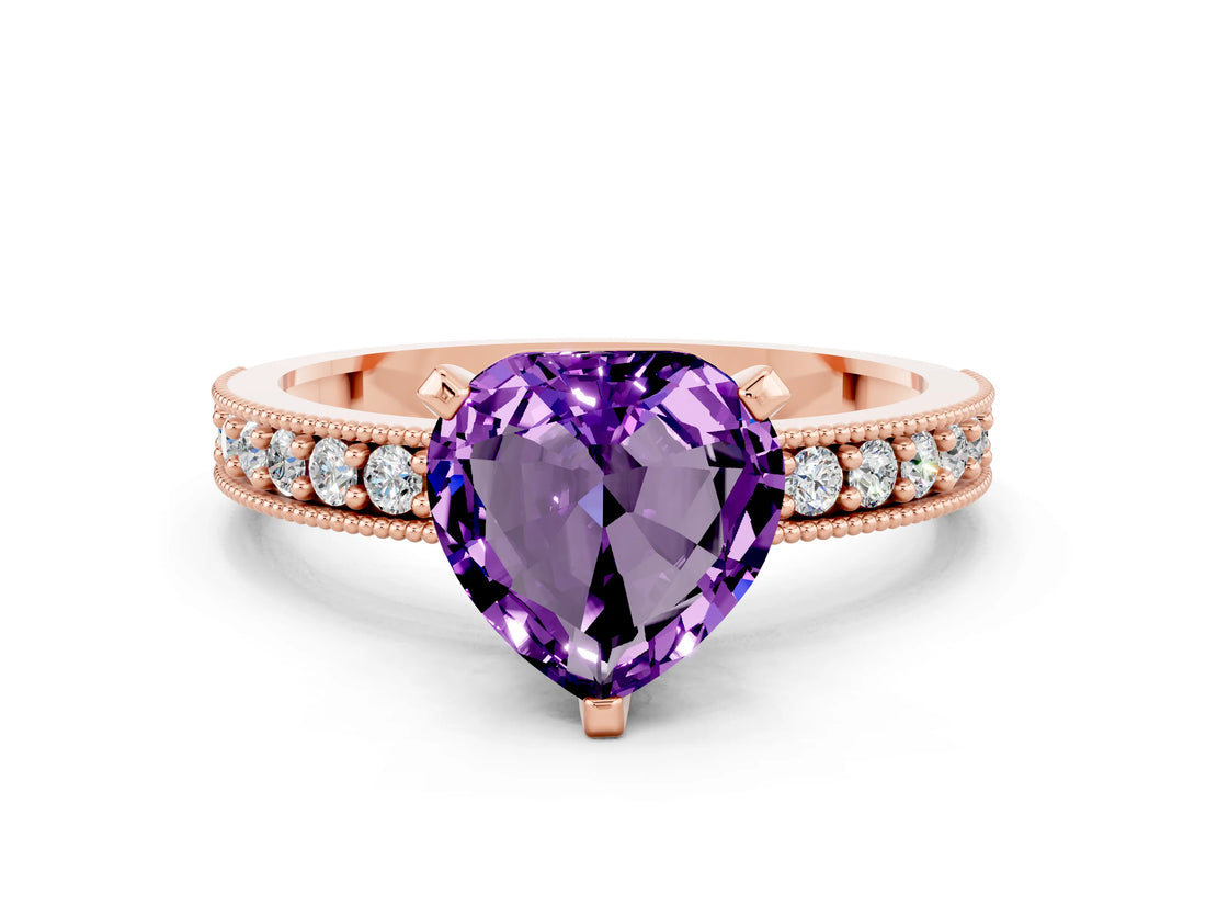 Rose gold Heart Cut Amethyst Milgrain Pavé Engagement Ring with Four-Prong Setting_12