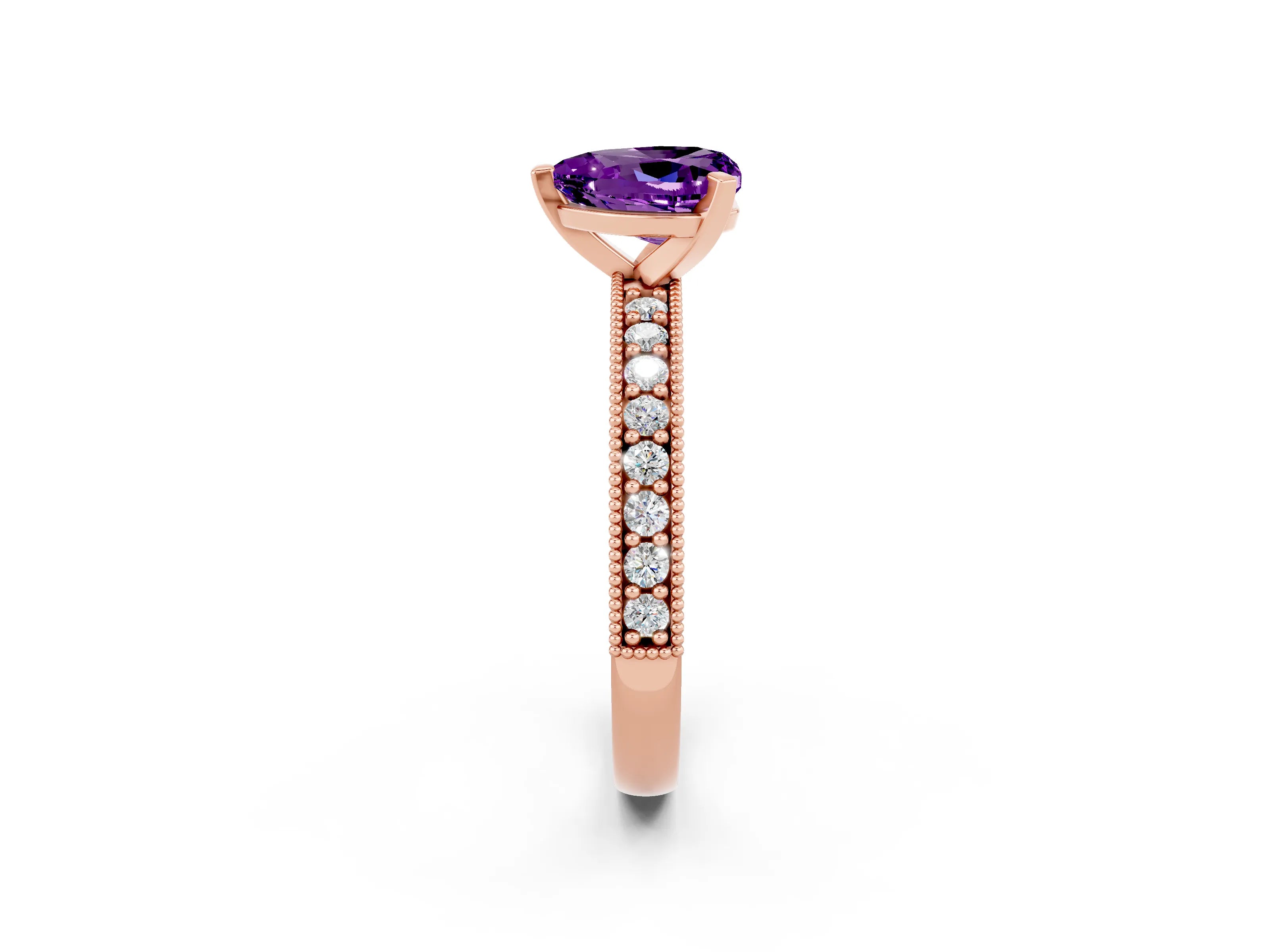 Rose gold Heart Cut Amethyst Milgrain Pavé Engagement Ring with Four-Prong Setting_14