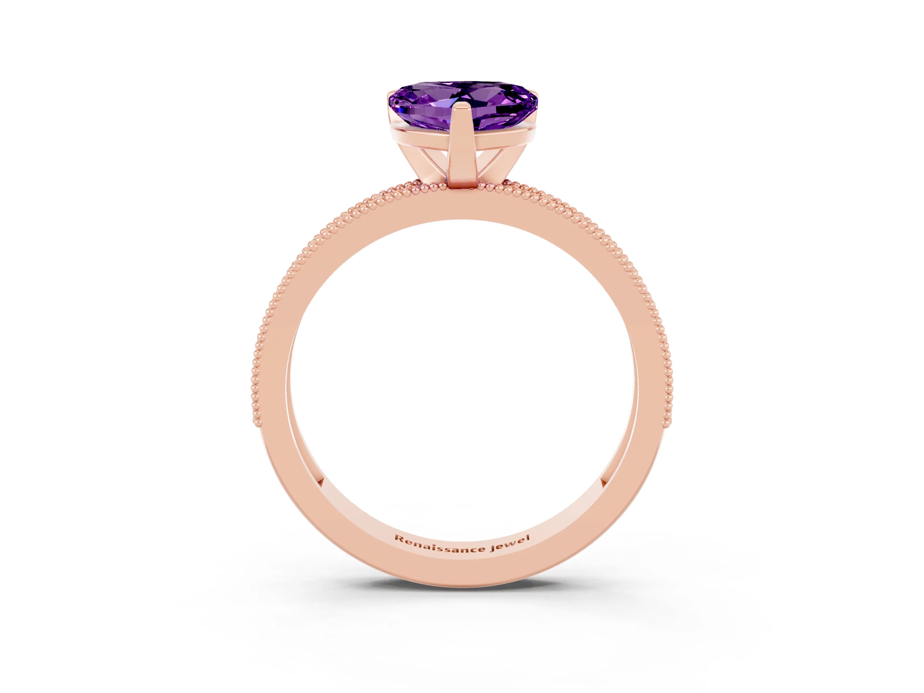 Rose gold Heart Cut Amethyst Milgrain Pavé Engagement Ring with Four-Prong Setting_15