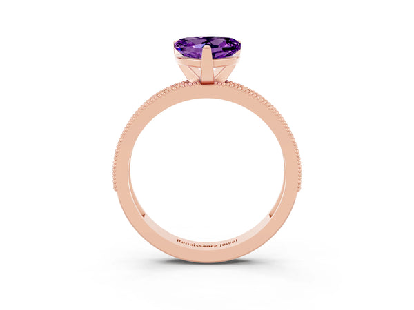 Rose gold Heart Cut Amethyst Milgrain Pavé Engagement Ring with Four-Prong Setting