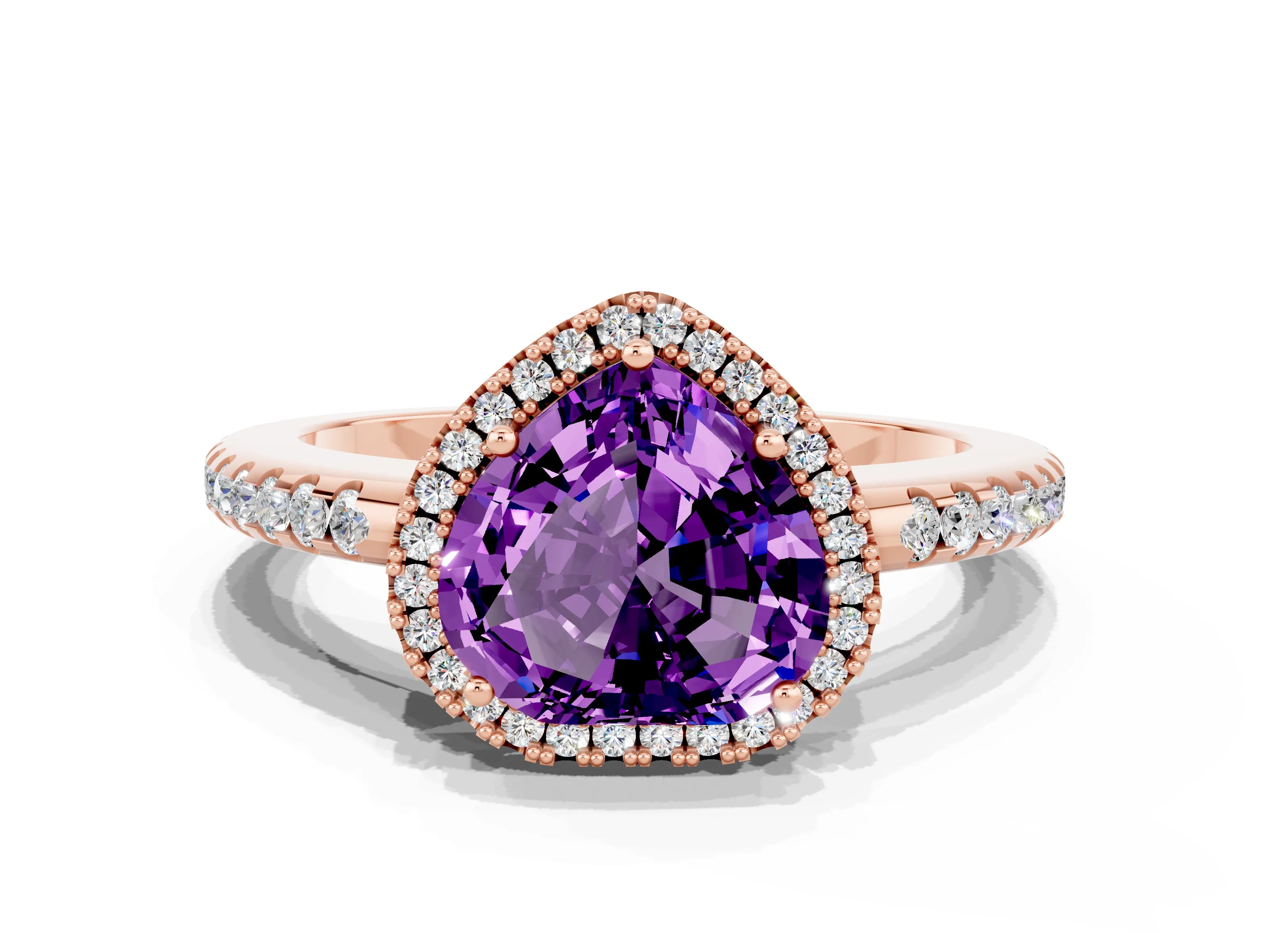 Rose gold Heart Cut Amethyst Pavé Halo Ring with Four-Prong Setting_12