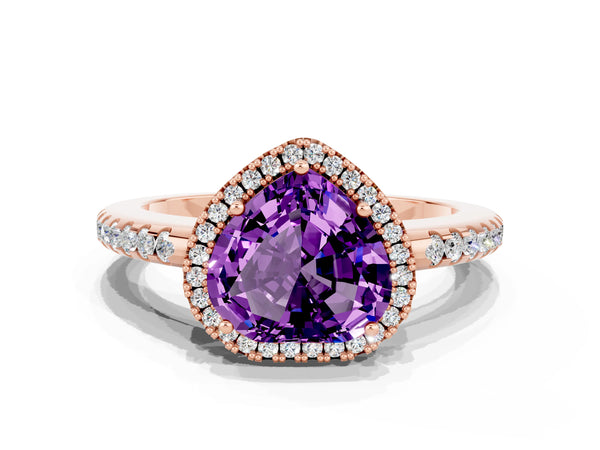 Rose gold Heart Cut Amethyst Pavé Halo Ring with Four-Prong Setting