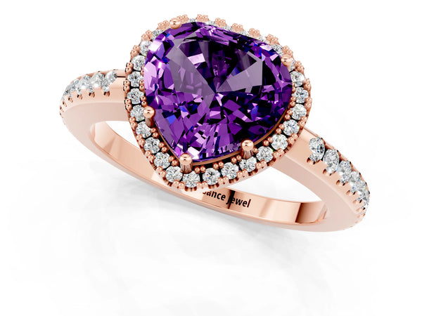 Rose gold Heart Cut Amethyst Pavé Halo Ring with Four-Prong Setting