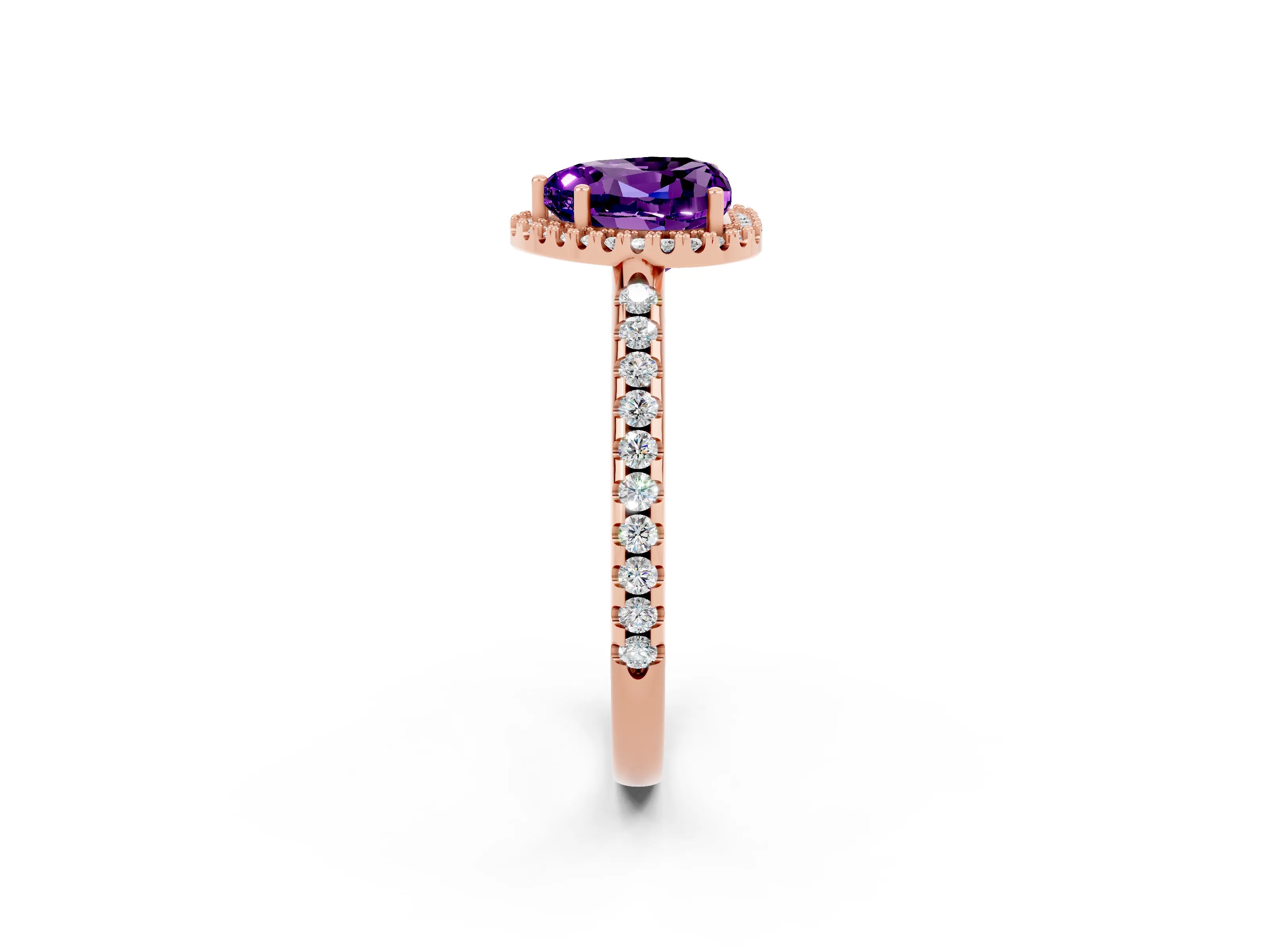 Rose gold Heart Cut Amethyst Pavé Halo Ring with Four-Prong Setting_14