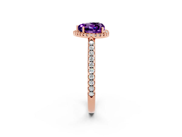 Rose gold Heart Cut Amethyst Pavé Halo Ring with Four-Prong Setting
