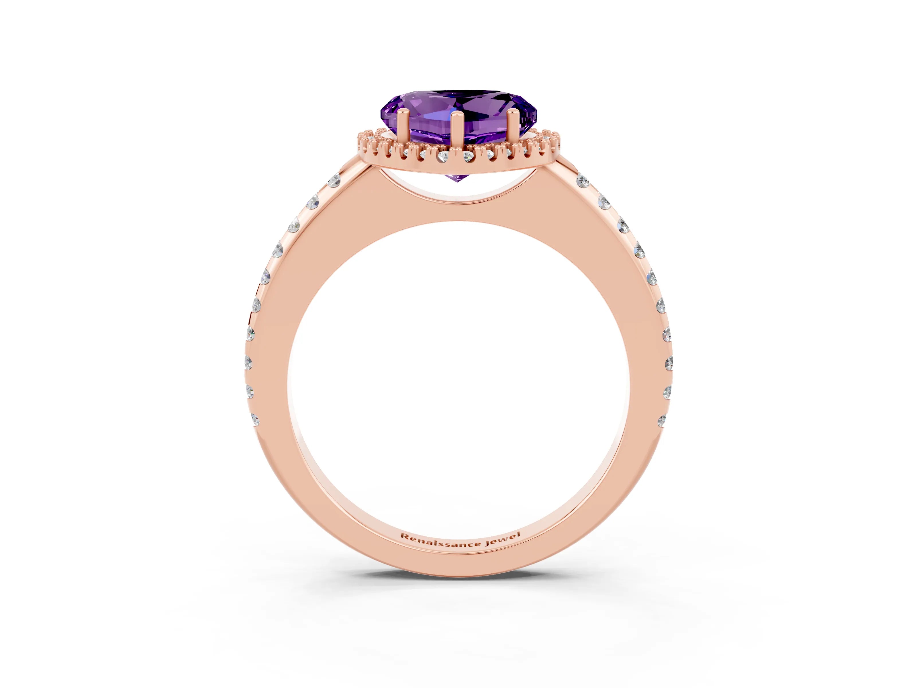 Rose gold Heart Cut Amethyst Pavé Halo Ring with Four-Prong Setting_15