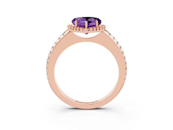 Rose gold Heart Cut Amethyst Pavé Halo Ring with Four-Prong Setting