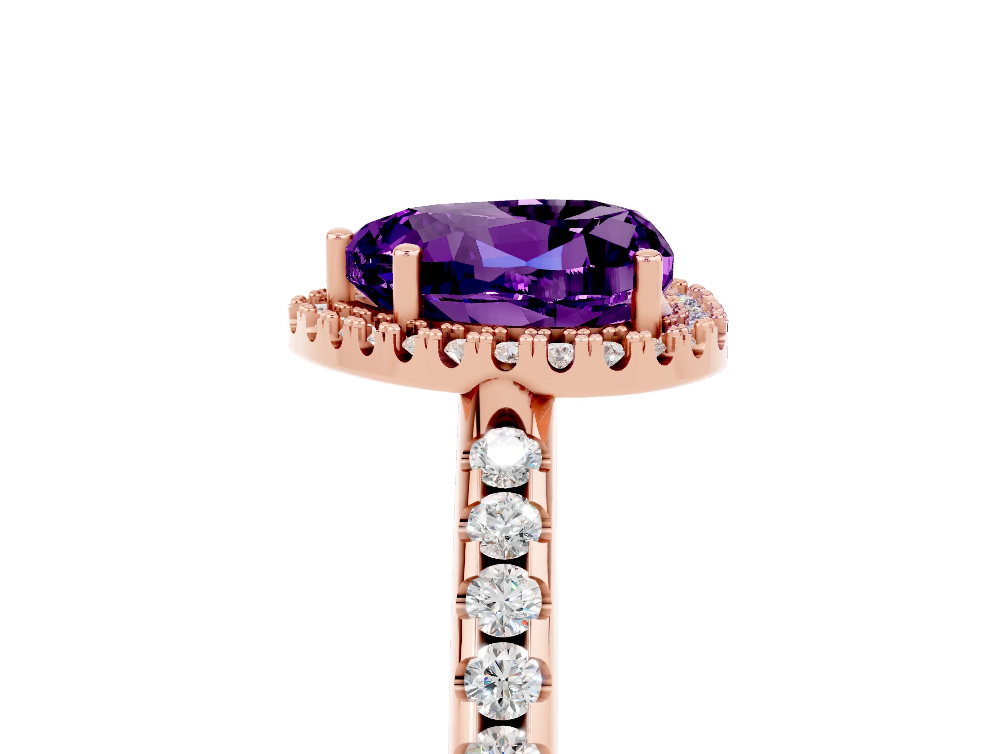 Rose gold Heart Cut Amethyst Pavé Halo Ring with Four-Prong Setting_17