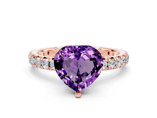 Rose gold Heart Cut Amethyst Pavé Solitaire Ring with Round Band and Prong Setting
