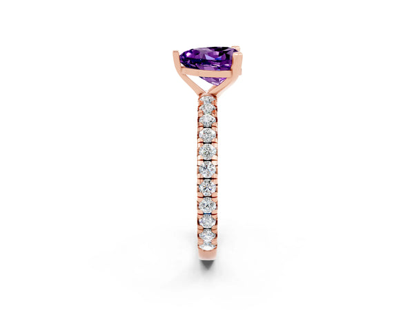 Rose gold Heart Cut Amethyst Pavé Solitaire Ring with Round Band and Prong Setting