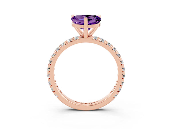 Rose gold Heart Cut Amethyst Pavé Solitaire Ring with Round Band and Prong Setting