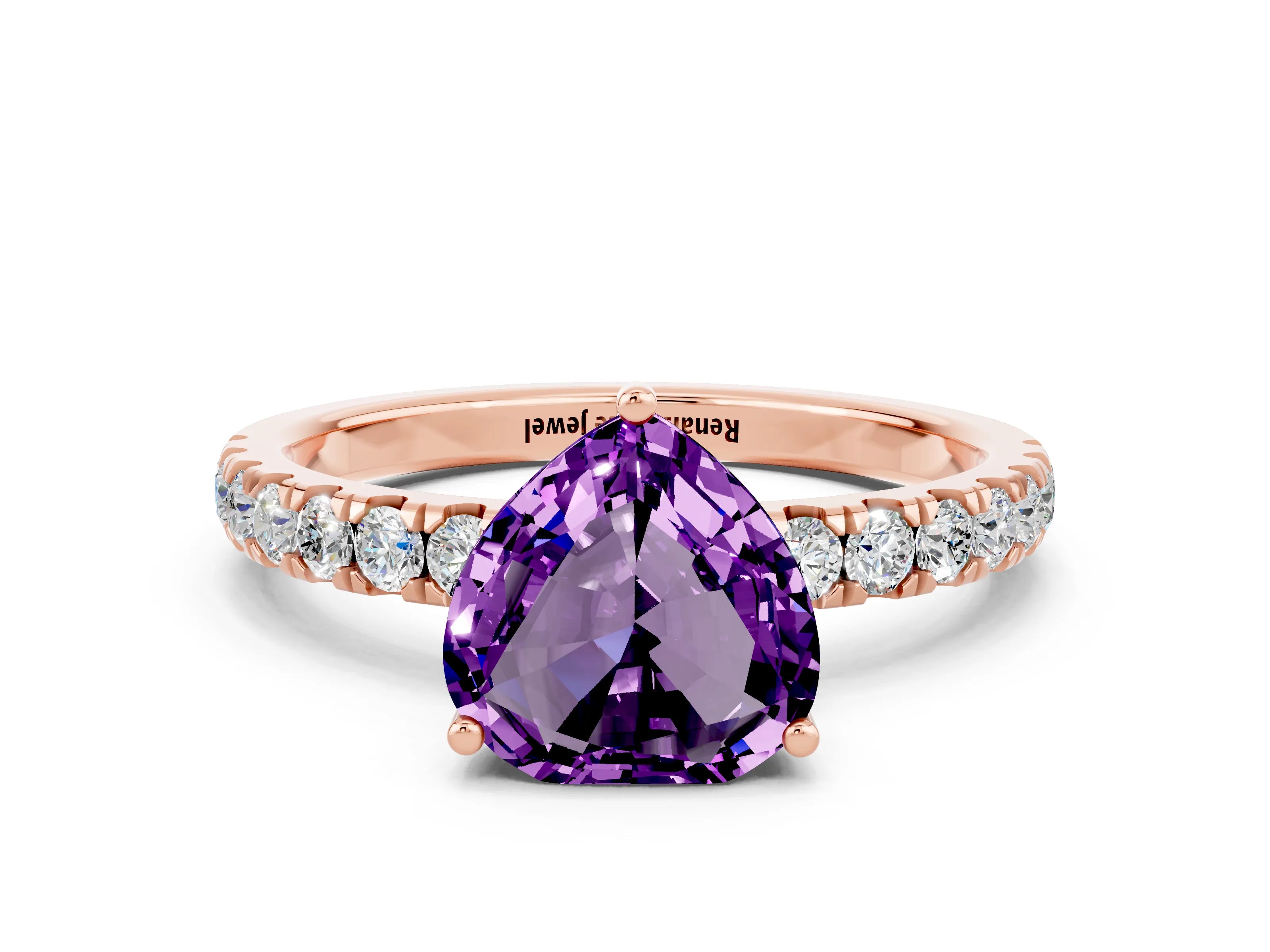 Rose gold Heart Cut Amethyst Pave Band Solitaire Ring with Four-Prong Setting_24