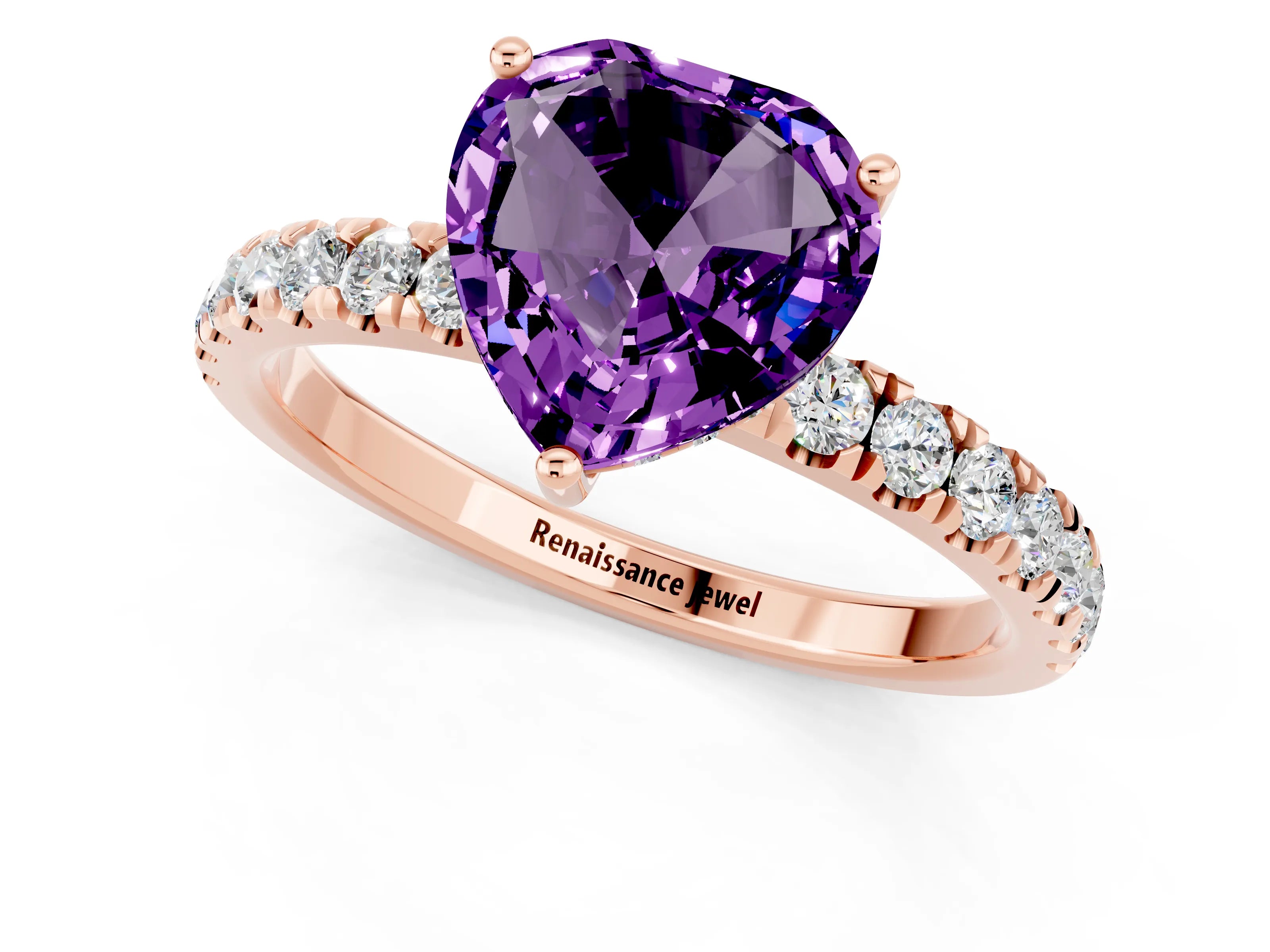Rose gold Heart Cut Amethyst Pave Band Solitaire Ring with Four-Prong Setting_25