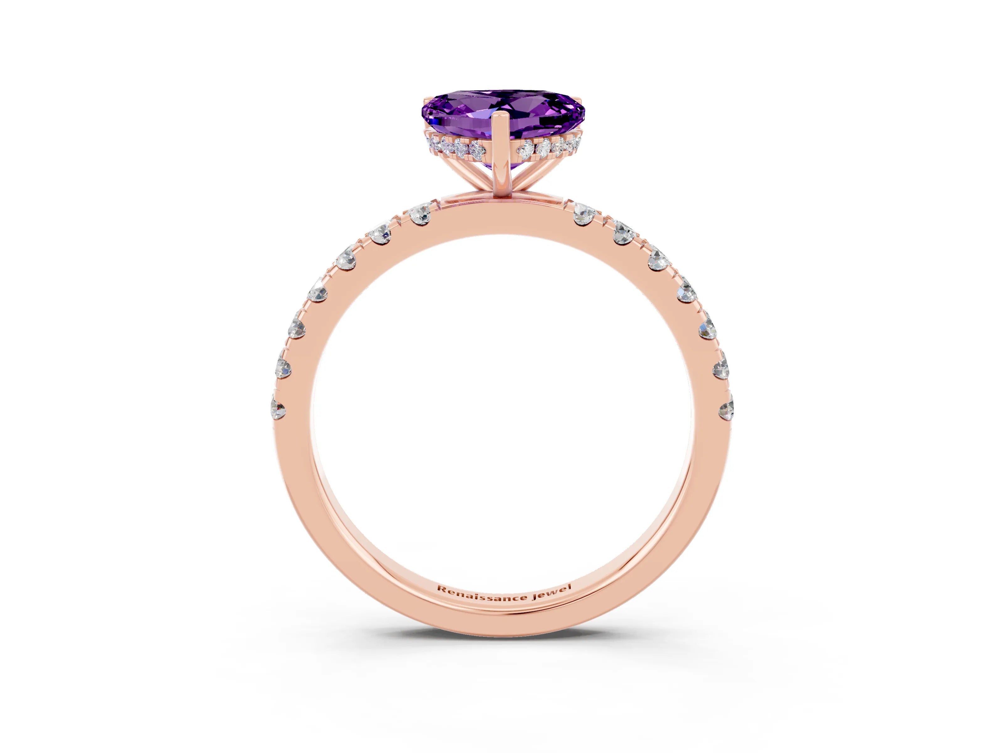 Rose gold Heart Cut Amethyst Pave Band Solitaire Ring with Four-Prong Setting_27