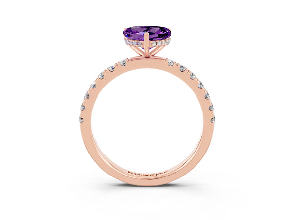 Rose gold Heart Cut Amethyst Pave Band Solitaire Ring with Round  and Prong Setting
