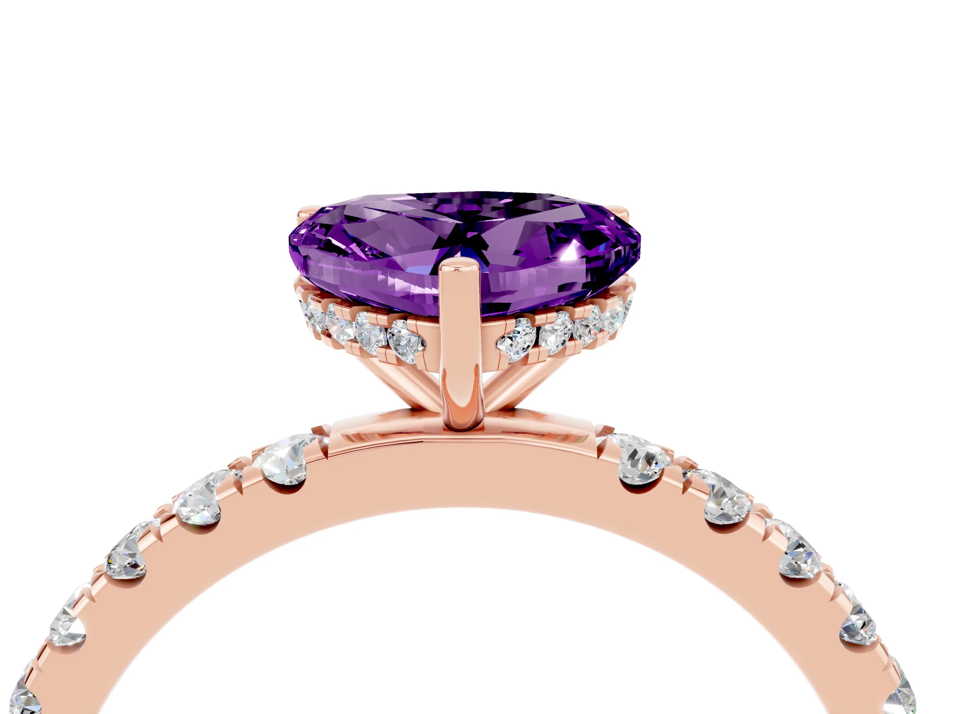 Rose gold Heart Cut Amethyst Pave Band Solitaire Ring with Four-Prong Setting_28