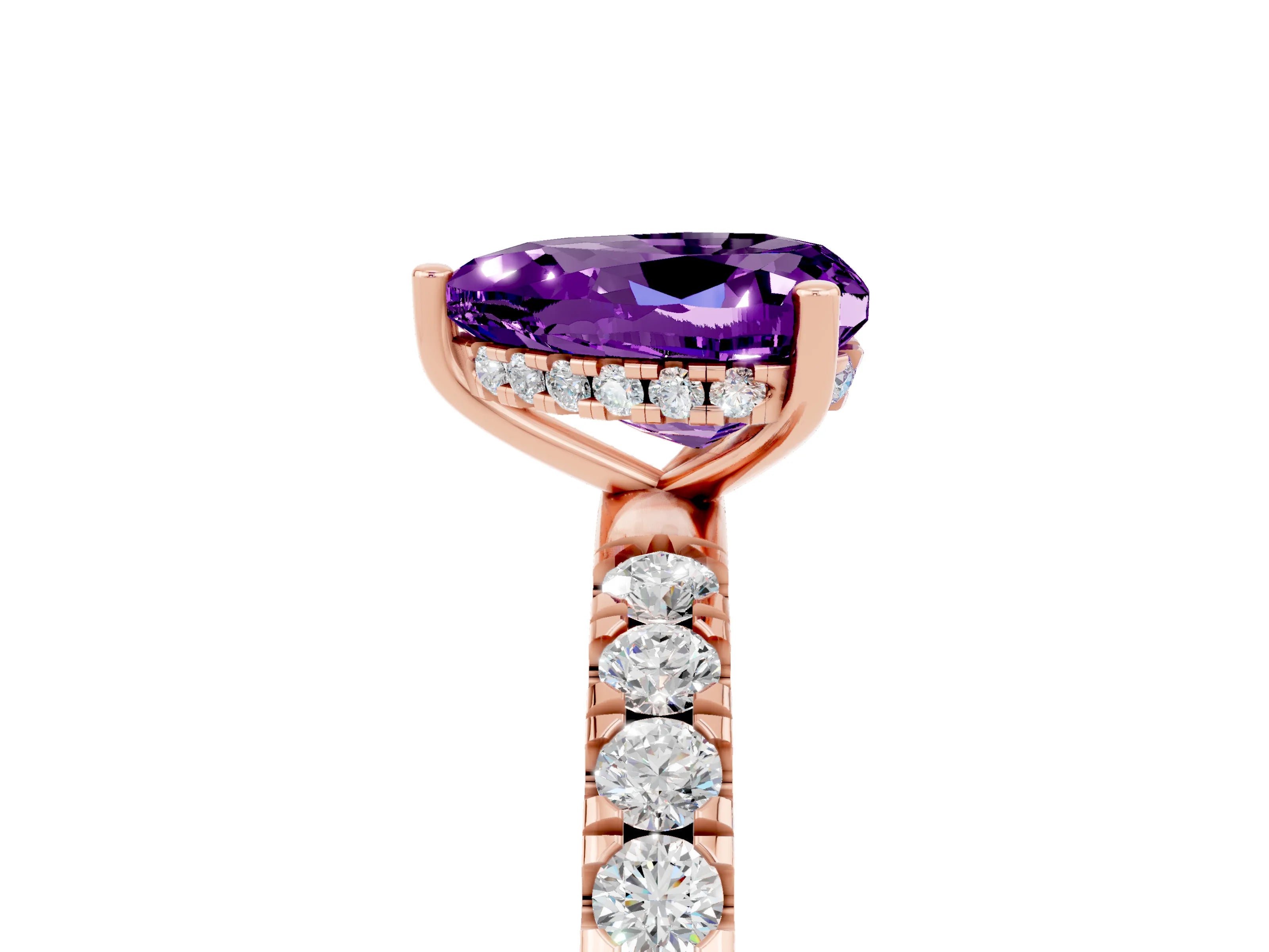 Rose gold Heart Cut Amethyst Pave Band Solitaire Ring with Four-Prong Setting_29