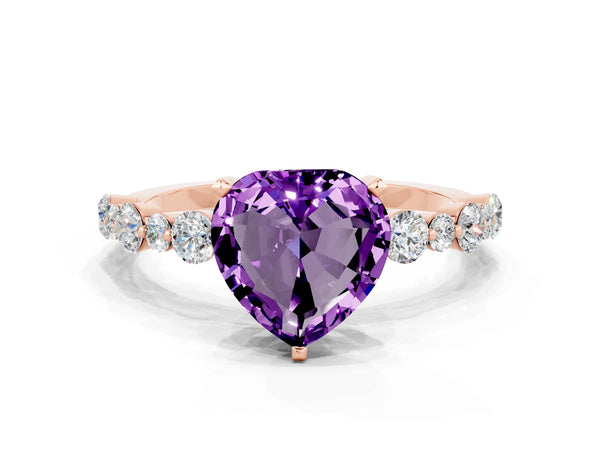 Rose gold Heart Cut Amethyst Prong Set Engagement Ring with Pavé Band