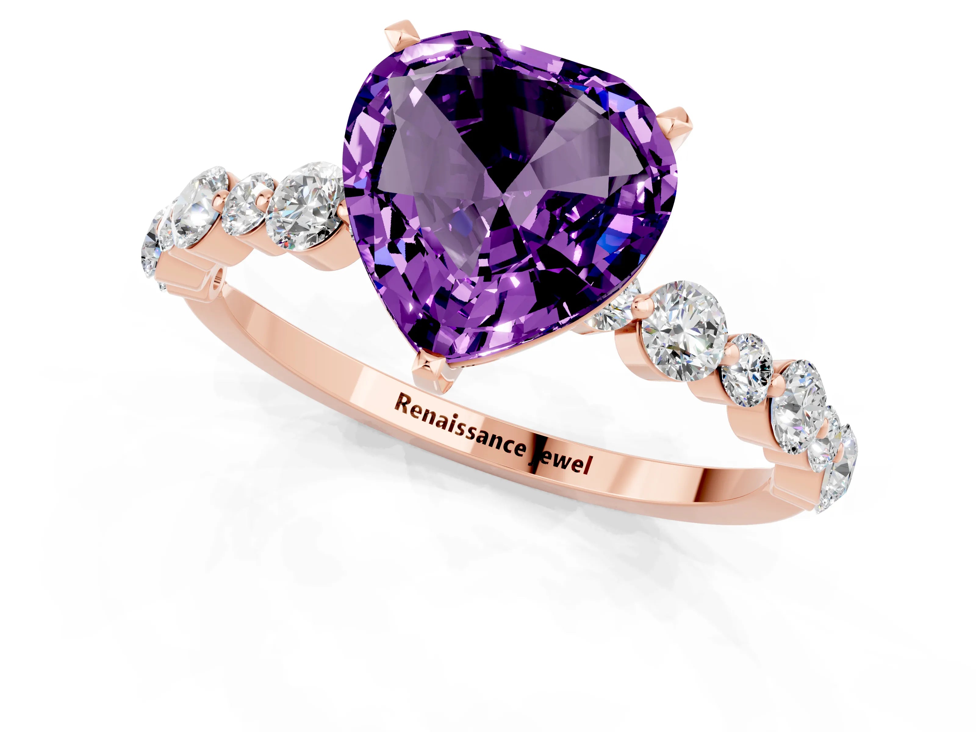 Rose gold Heart Cut Amethyst Prong Set Engagement Ring with Pavé Band_1