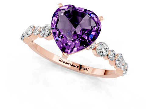 Rose gold Heart Cut Amethyst Prong Set Engagement Ring with Pavé Band_1