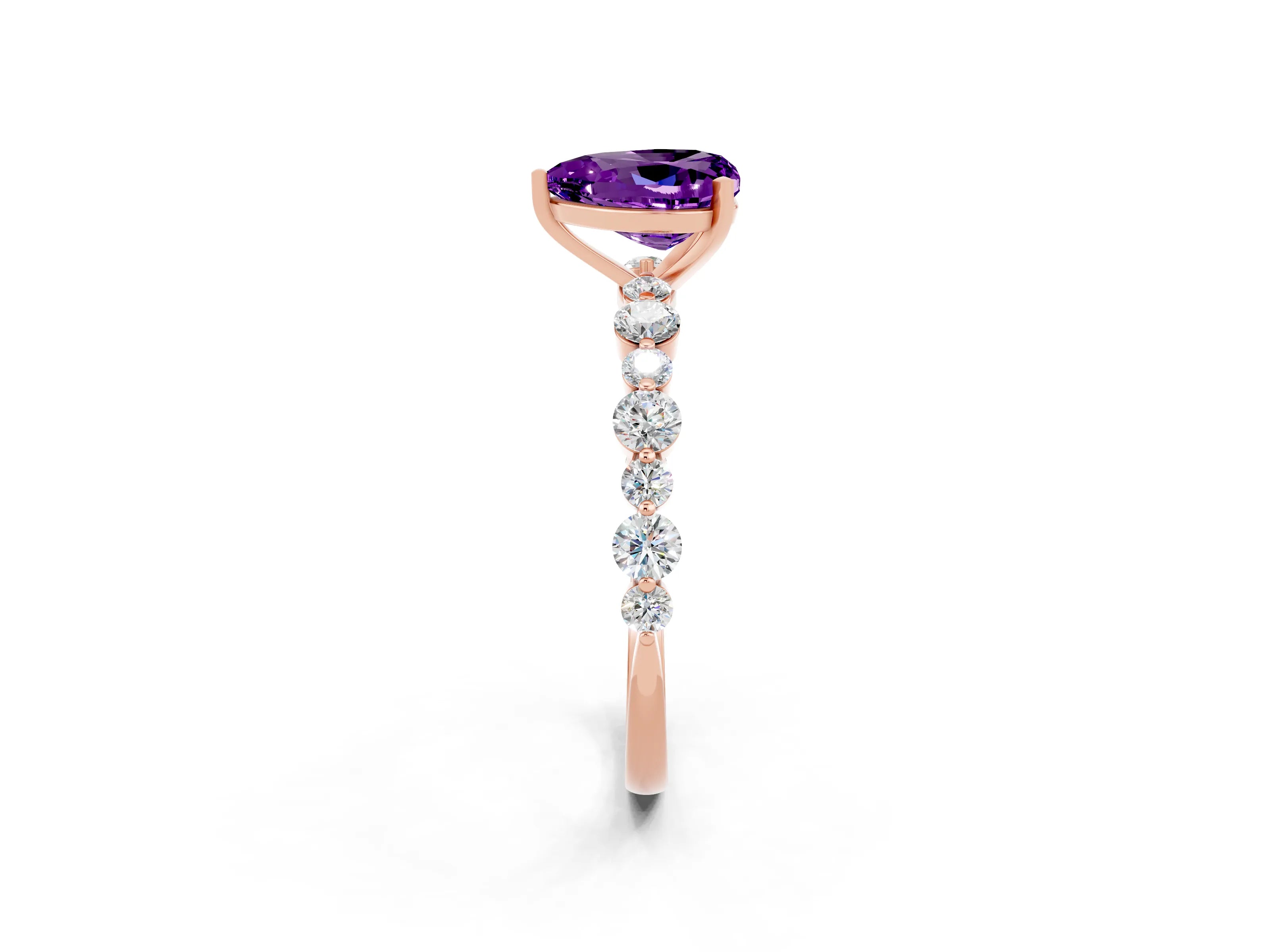 Rose gold Heart Cut Amethyst Prong Set Engagement Ring with Pavé Band_2