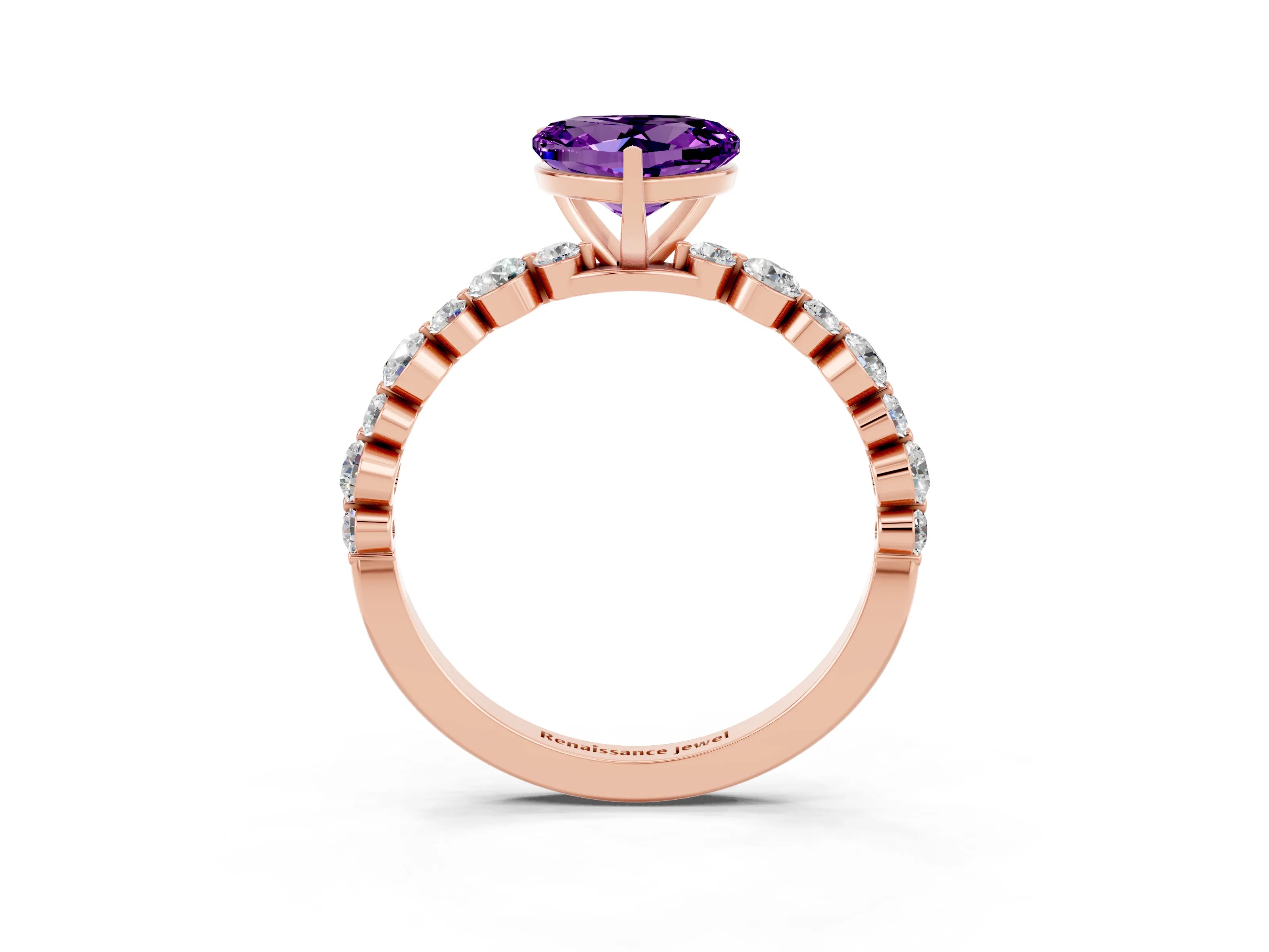 Rose gold Heart Cut Amethyst Prong Set Engagement Ring with Pavé Band_3