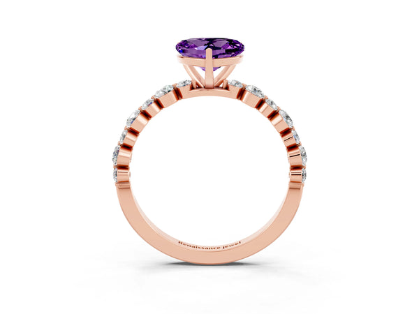 Rose gold Heart Cut Amethyst Prong Set Engagement Ring with Pavé Band