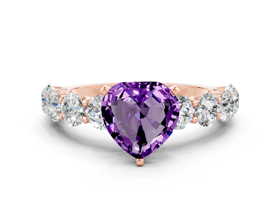 Rose gold Heart Cut Amethyst Prong Setting with Side Stones on a Pave Band