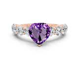 Rose gold Heart Cut Amethyst Prong Setting with Side Stones on a Pave Band
