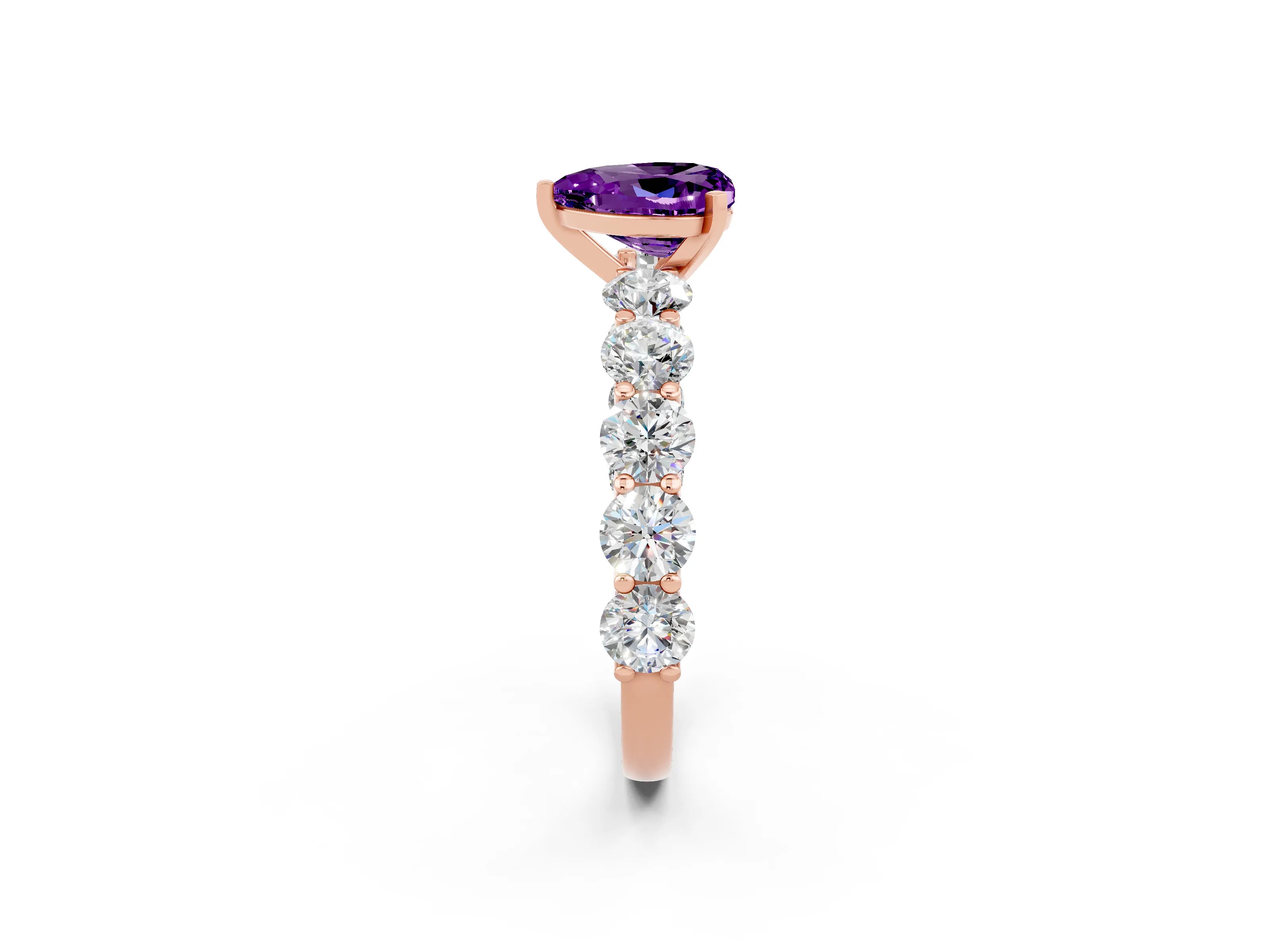 Rose gold Heart Cut Amethyst Prong Setting with Side Stones on a Pave Band_2