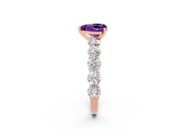 Rose gold Heart Cut Amethyst Prong Setting with Side Stones on a Pave Band