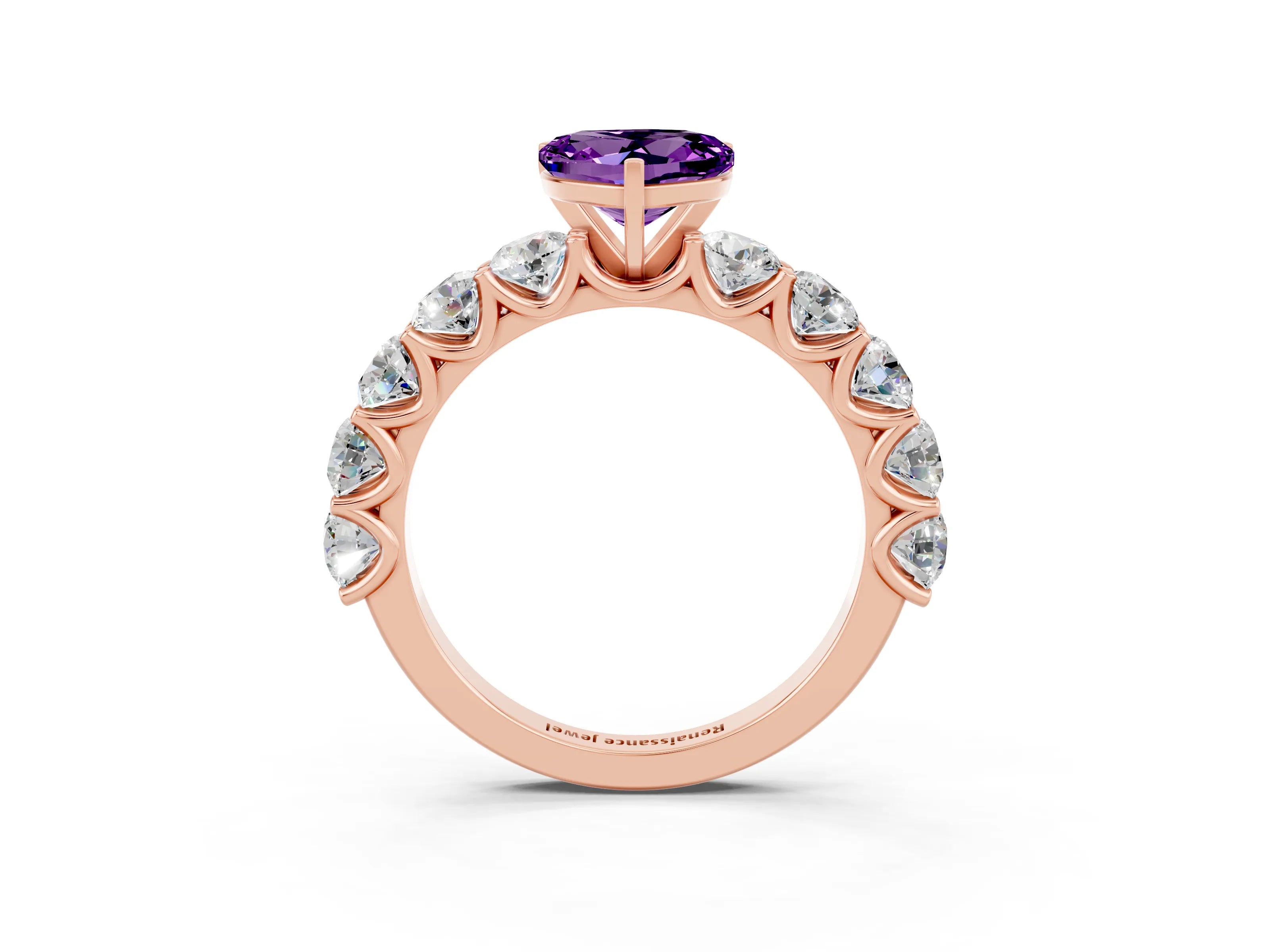 Rose gold Heart Cut Amethyst Prong Setting with Side Stones on a Pave Band_3
