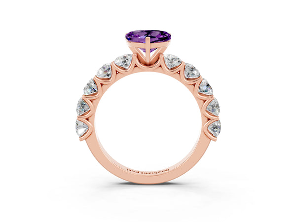 Rose gold Heart Cut Amethyst Prong Setting with Side Stones on a Pave Band