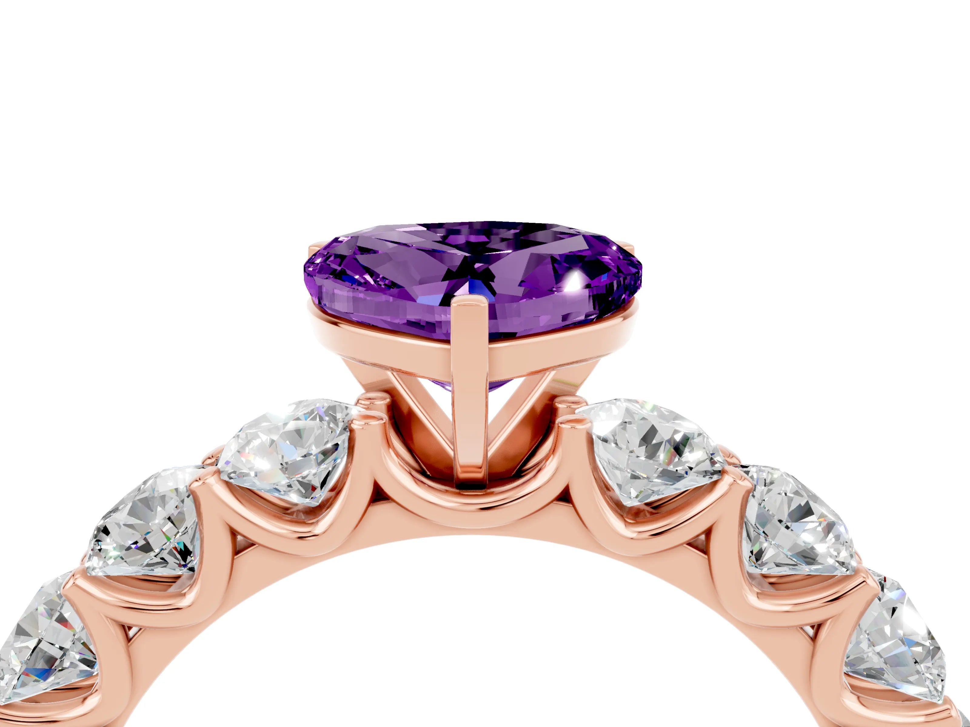 Rose gold Heart Cut Amethyst Prong Setting with Side Stones on a Pave Band_4