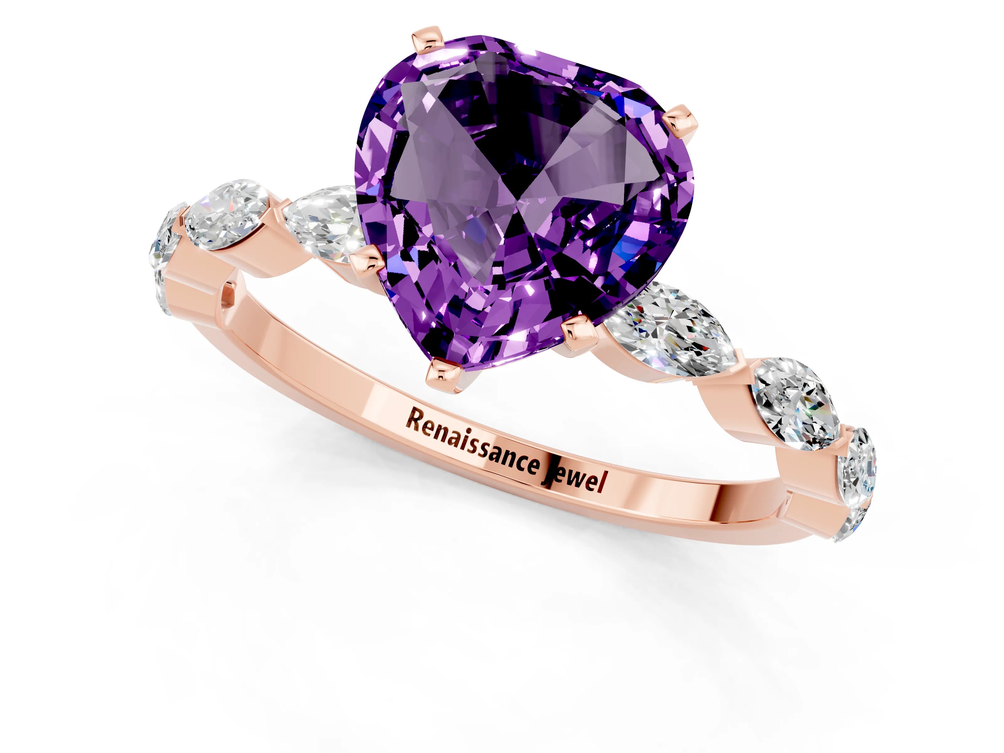 Rose gold Heart Cut Amethyst Ring with Marquise Side Stones and Prong Setting_1