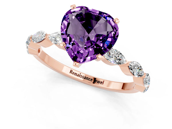 Rose gold Heart Cut Amethyst Ring with Marquise Side Stones and Prong Setting
