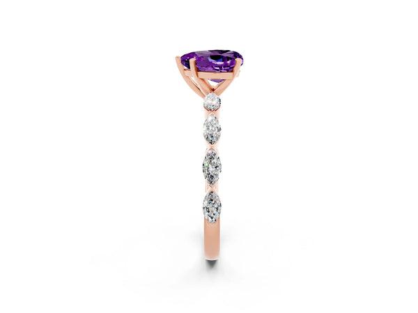 Rose gold Heart Cut Amethyst Ring with Marquise Side Stones and Prong Setting