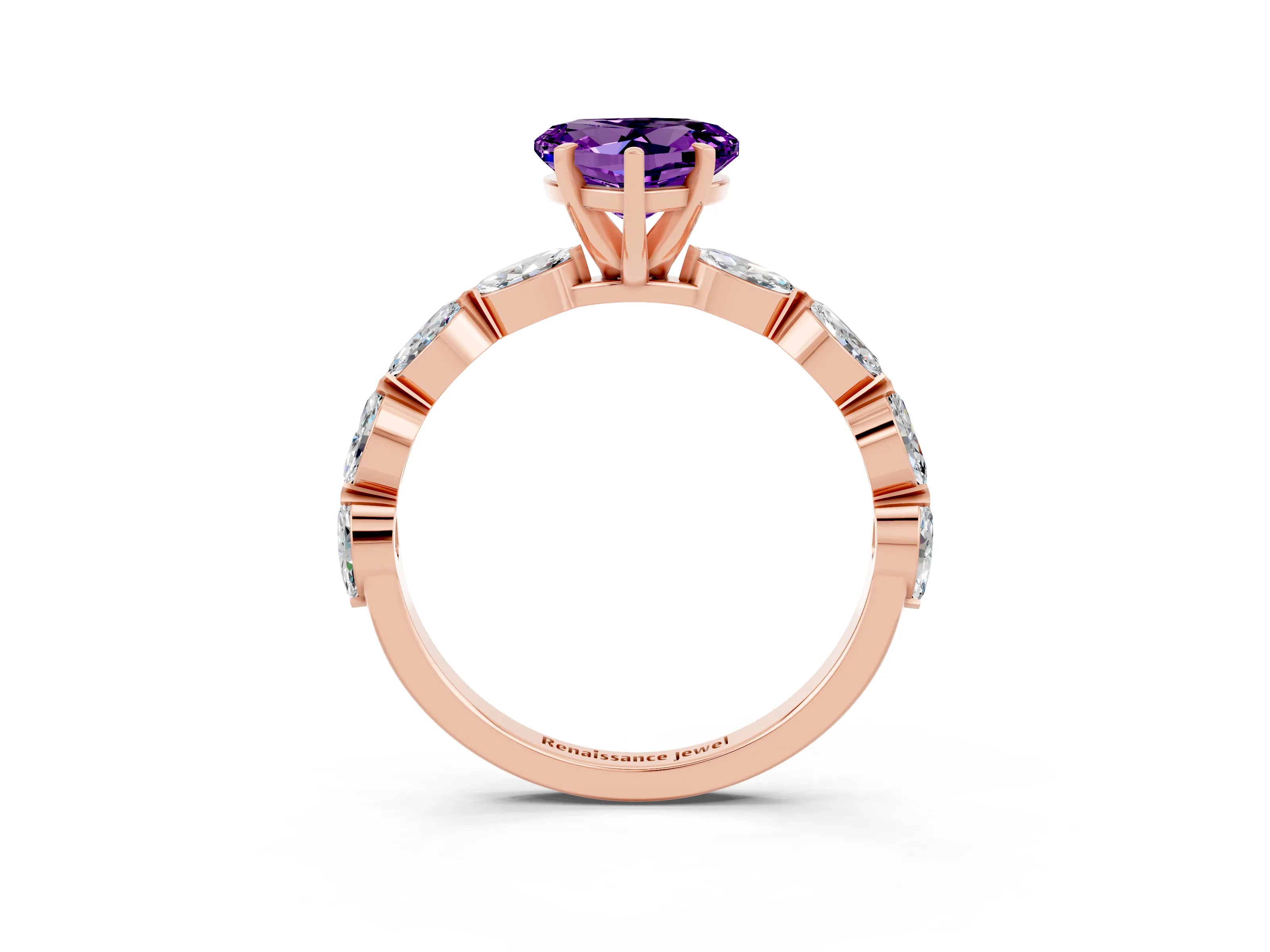 Rose gold Heart Cut Amethyst Ring with Marquise Side Stones and Prong Setting_3