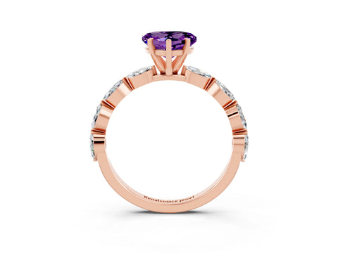 Rose gold Heart Cut Amethyst Ring with Marquise Side Stones and Prong Setting_3