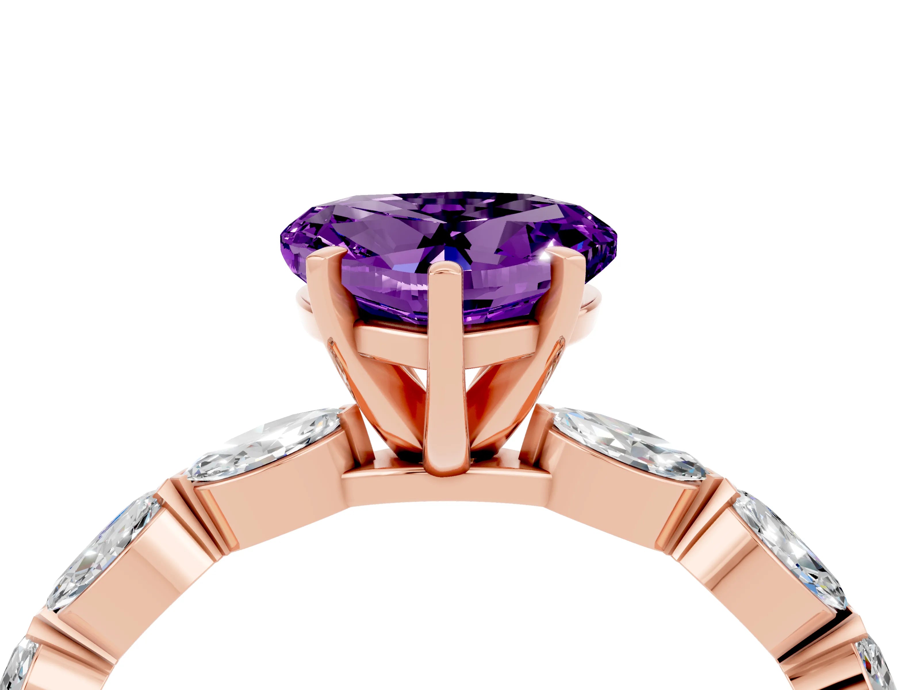 Rose gold Heart Cut Amethyst Ring with Marquise Side Stones and Prong Setting_4