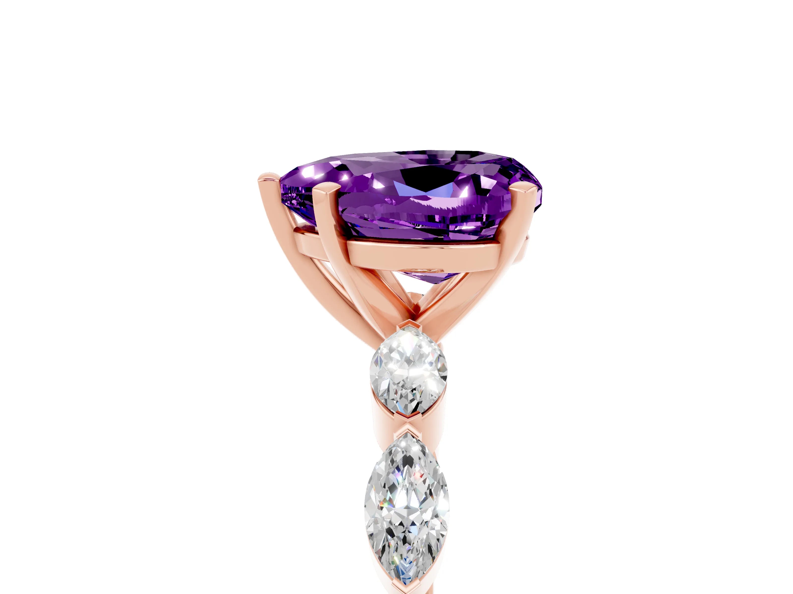 Rose gold Heart Cut Amethyst Ring with Marquise Side Stones and Prong Setting_5