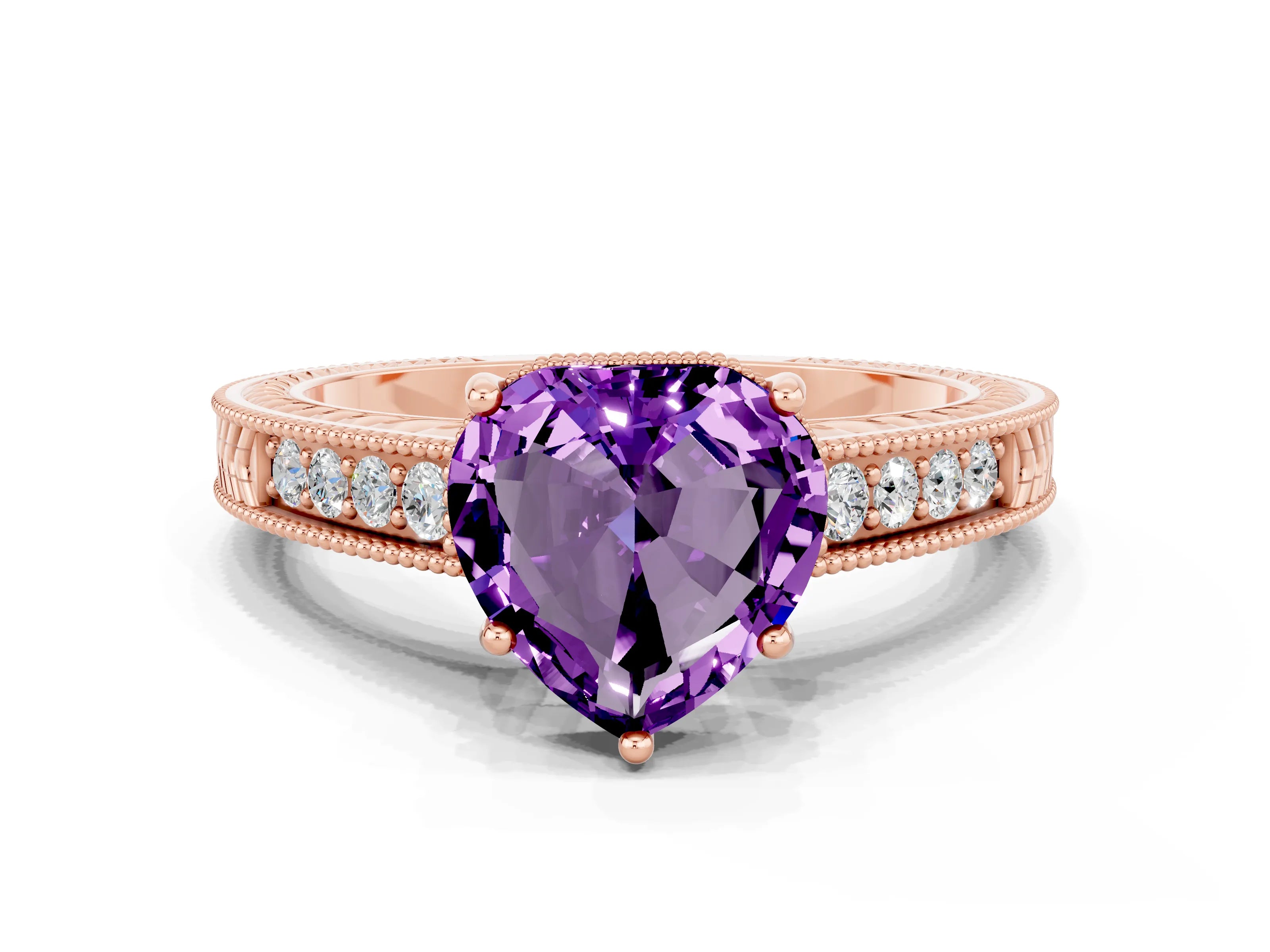 Rose gold Heart Cut Amethyst Ring with Milgrain Pavé Band and Four-Prong Setting_12